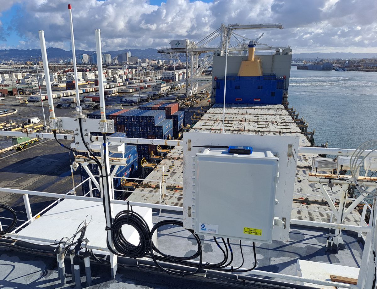 A container ship docked at a port