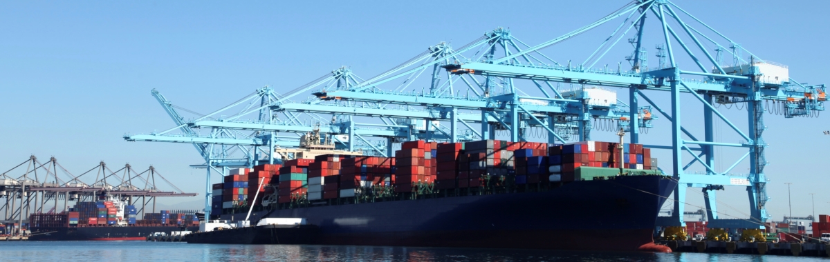 Docked container ship