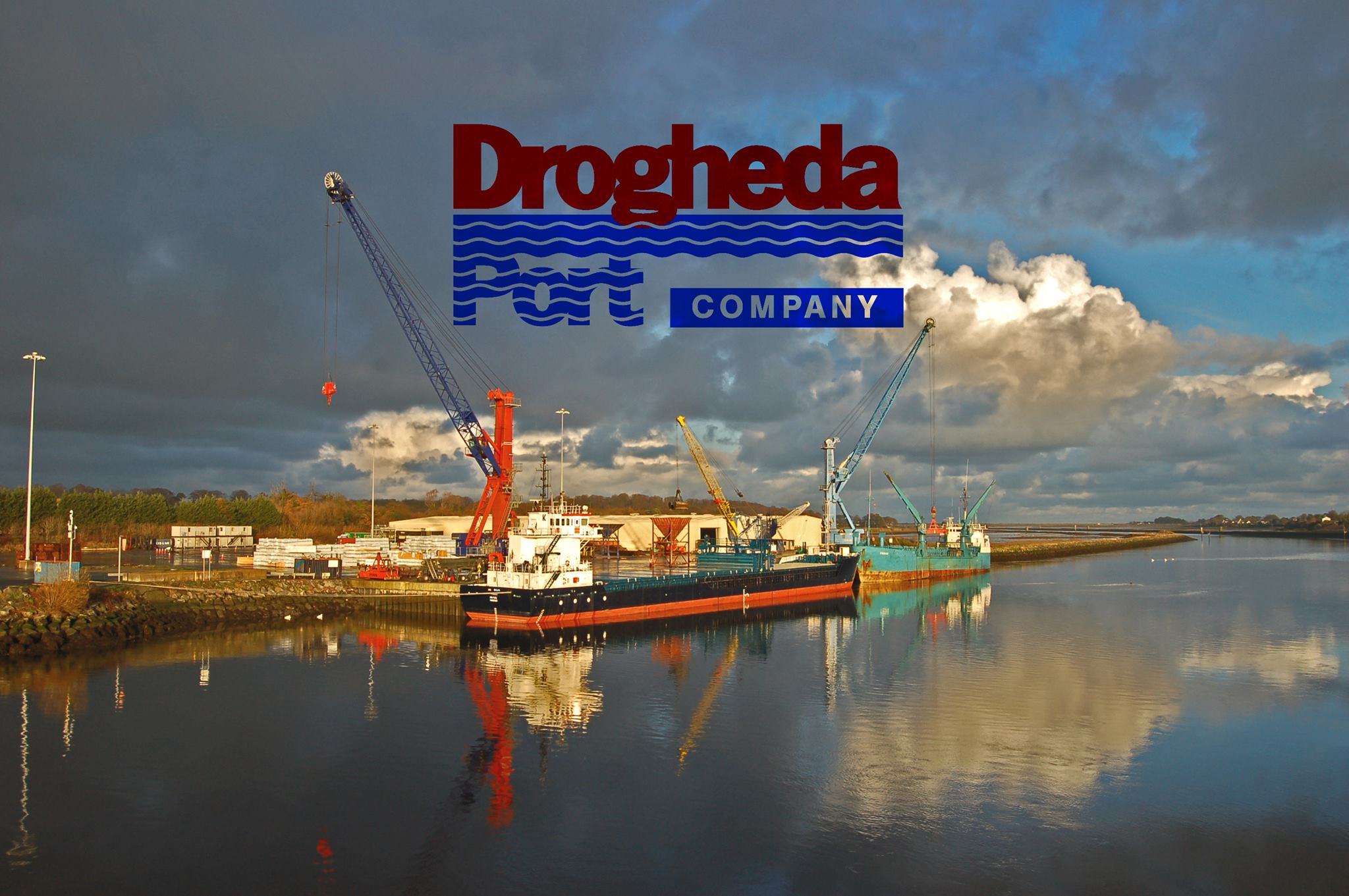 Drogheda Port Company logo over an image of a container ship at a port