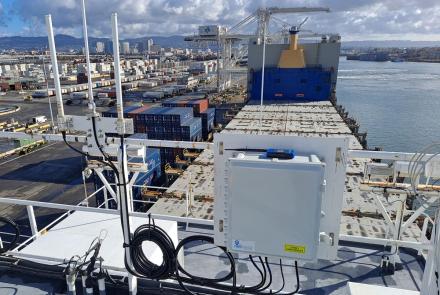 A container ship docked at a port