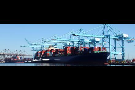 Docked container ship